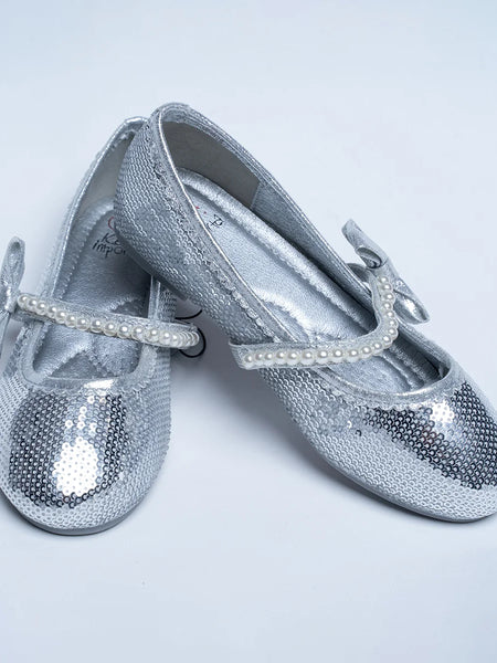 It's a pair of silver sequin work sandals with a round-toe. It features pearl detailing and Patterned synthetic outsole.