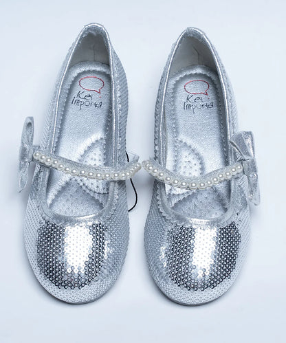 It's a pair of silver sequin work sandals with a round-toe. It features pearl detailing and Patterned synthetic outsole.