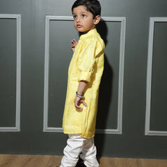 Designer self-print yellow boys kurta pyjama in pure cotton, Jaipur style