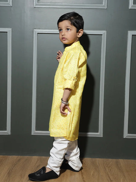 Designer self-print yellow boys kurta pyjama in pure cotton, Jaipur style
