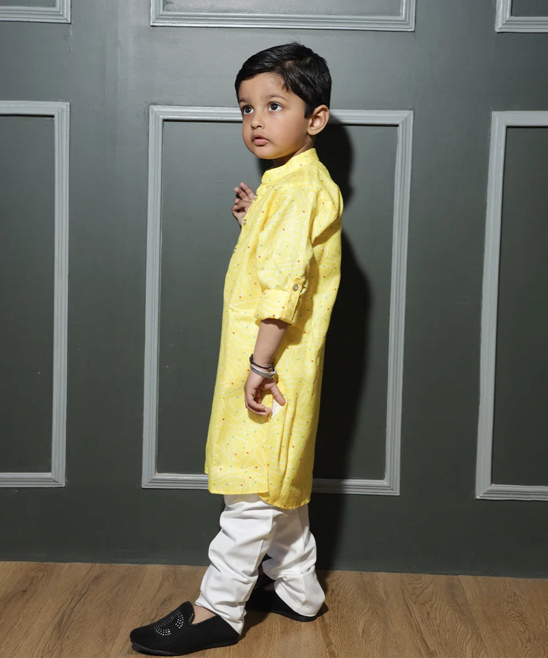 Designer self-print yellow boys kurta pyjama in pure cotton, Jaipur style