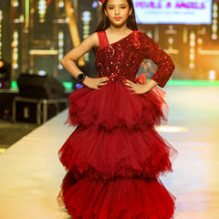 Elegant maroon party gown for wedding, floral waist detail, Jaipur