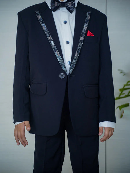 Boys navy coat pant set with sequin bow party suit Jaipur boutique