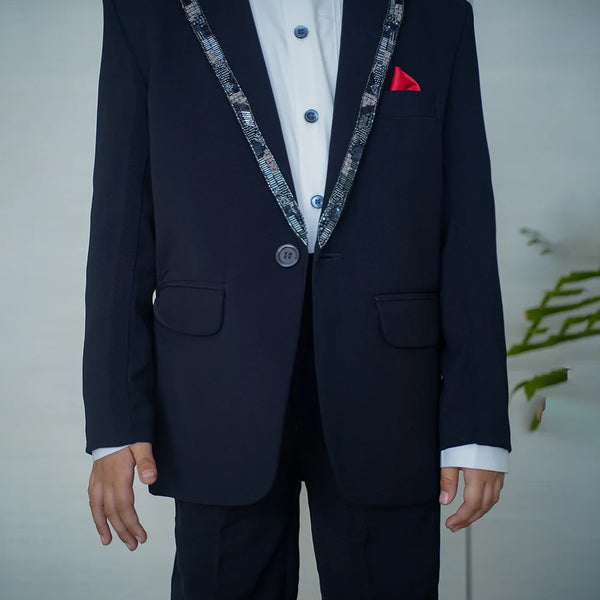 Boys navy coat pant set with sequin bow party suit Jaipur boutique