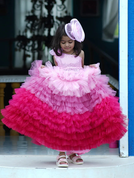 Designer peach-pink layered lehenga choli set for kids, best wedding partywear in Jaipur