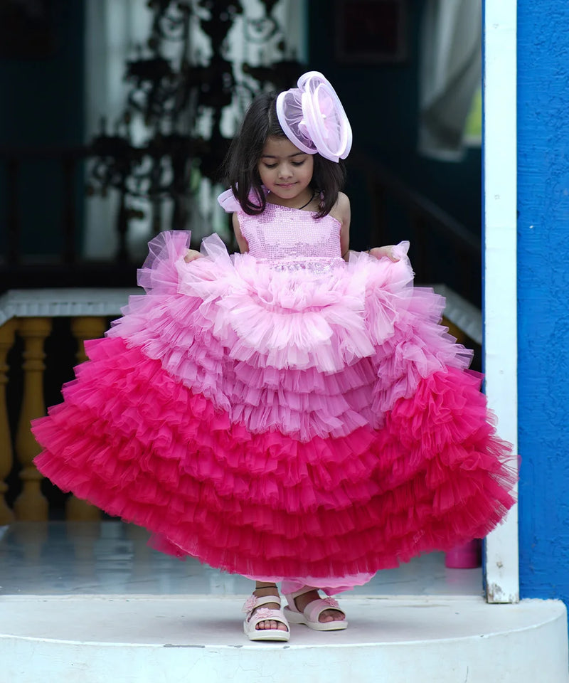 Designer peach-pink layered lehenga choli set for kids, best wedding partywear in Jaipur