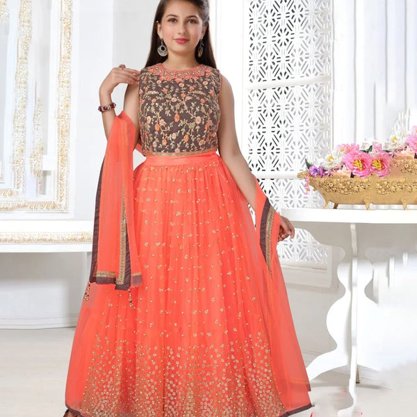 Best Jaipuri lehenga for kids wedding in Jaipur, peach and grey, ages 2–14 years