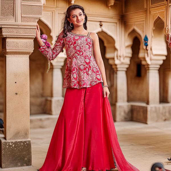Woman in a red and pink traditional outfit standing in an architectural setting.