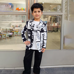 Black and White Colored Self-Printed Blazer Set for Boys