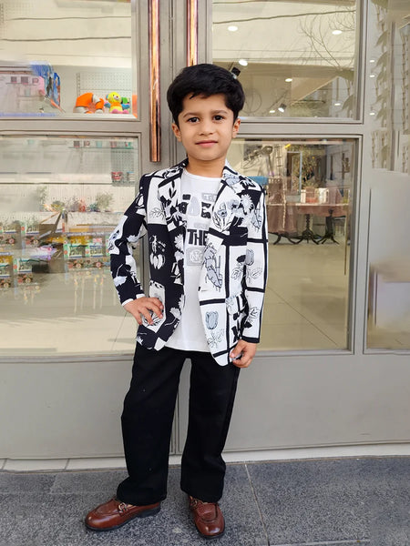 Black and White Colored Self-Printed Blazer Set for Boys