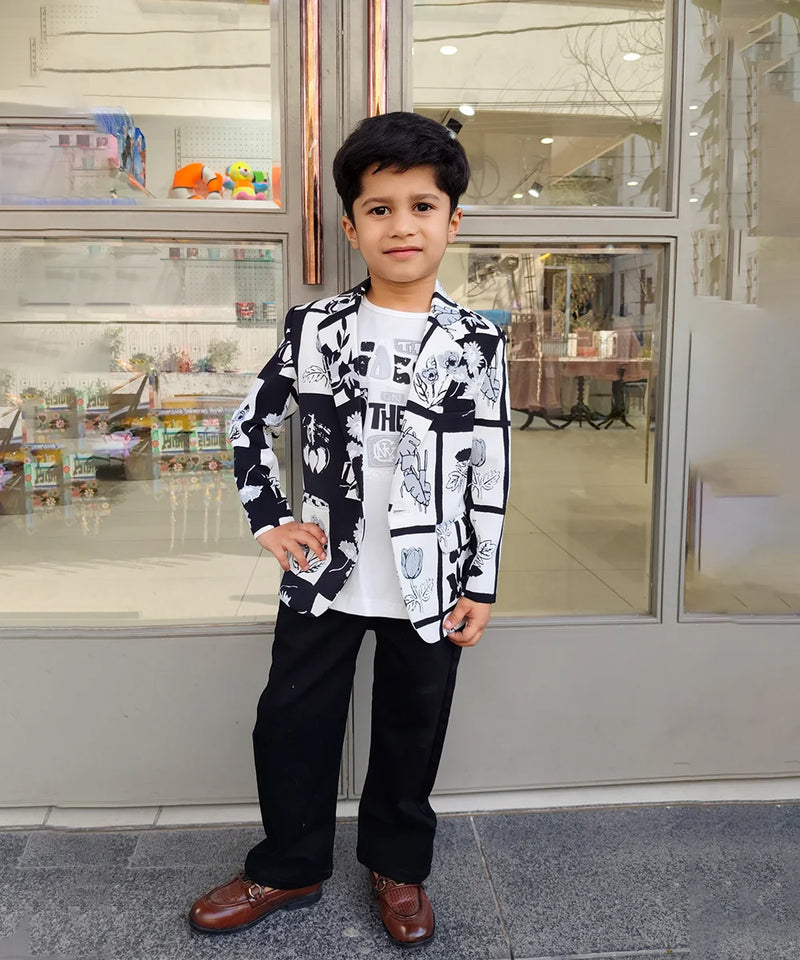 Black and White Colored Self-Printed Blazer Set for Boys