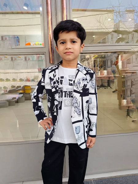 Black and White Colored Self-Printed Blazer Set for Boys