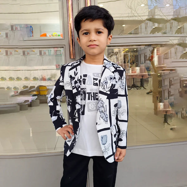 Black and White Colored Self-Printed Blazer Set for Boys