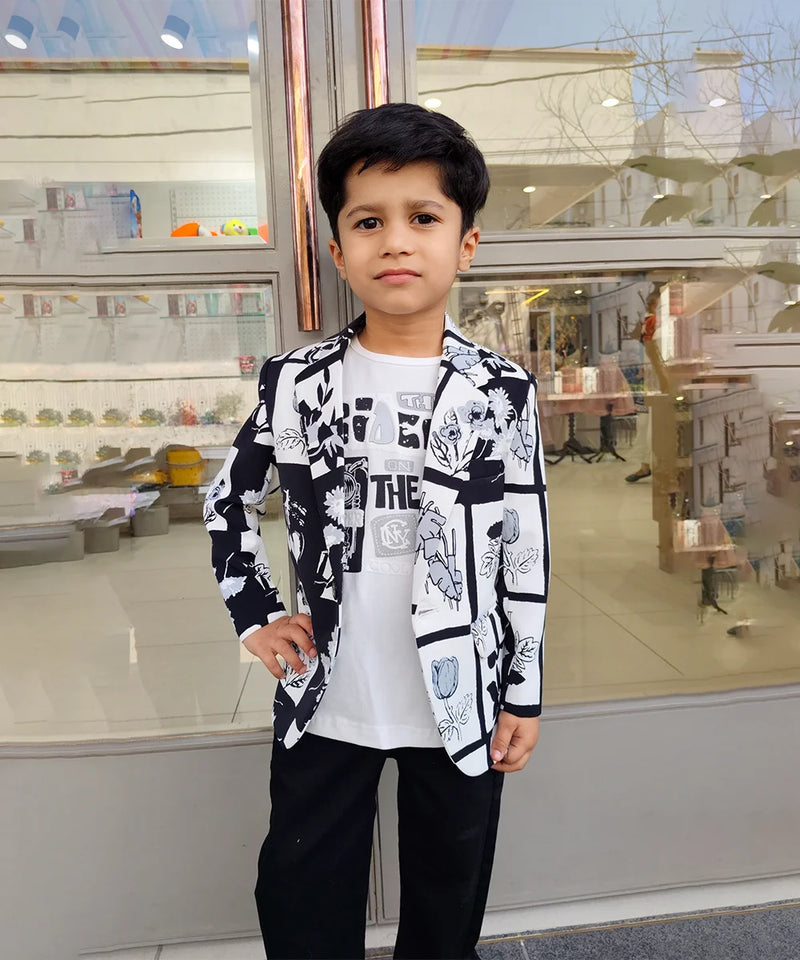 Black and White Colored Self-Printed Blazer Set for Boys