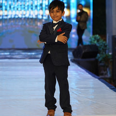 Self-textured navy boys coat suit elegant wedding outfit Jaipur