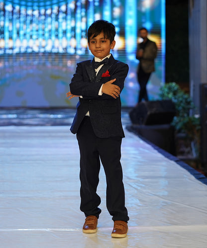 Self-textured navy boys coat suit elegant wedding outfit Jaipur