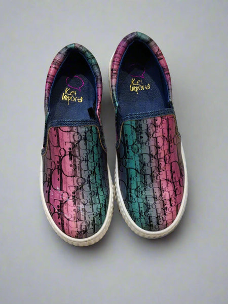 Multicolor girls' slip-on sneakers with graphic print and denim trim, Jaipur, ages 1–8 years