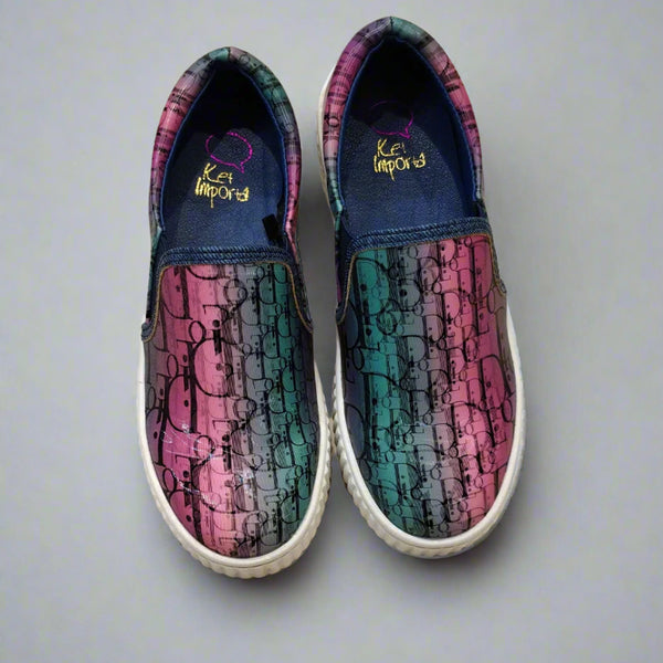 Multicolor girls' slip-on sneakers with graphic print and denim trim, Jaipur, ages 1–8 years