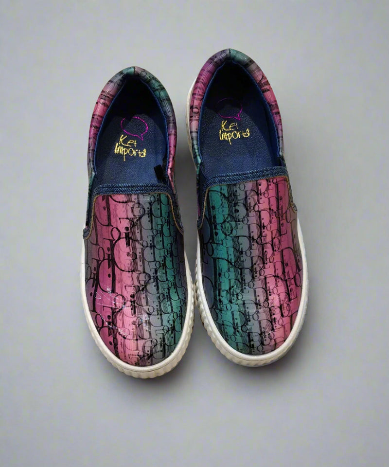 Multicolor girls' slip-on sneakers with graphic print and denim trim, Jaipur, ages 1–8 years