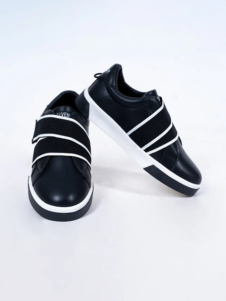 Boys' black sneakers with bold white Velcro bands and white sole, Jaipur, ages 1–8 years