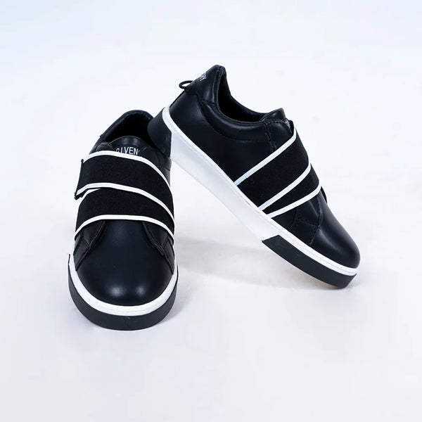 Boys' black sneakers with bold white Velcro bands and white sole, Jaipur, ages 1–8 years