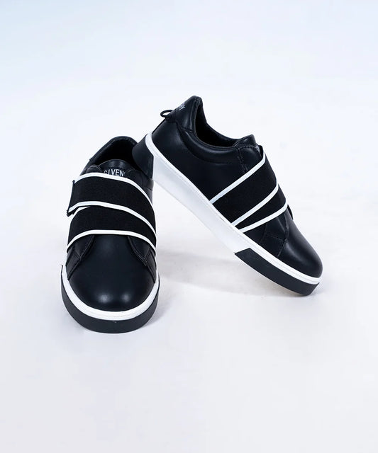Boys' black sneakers with bold white Velcro bands and white sole, Jaipur, ages 1–8 years