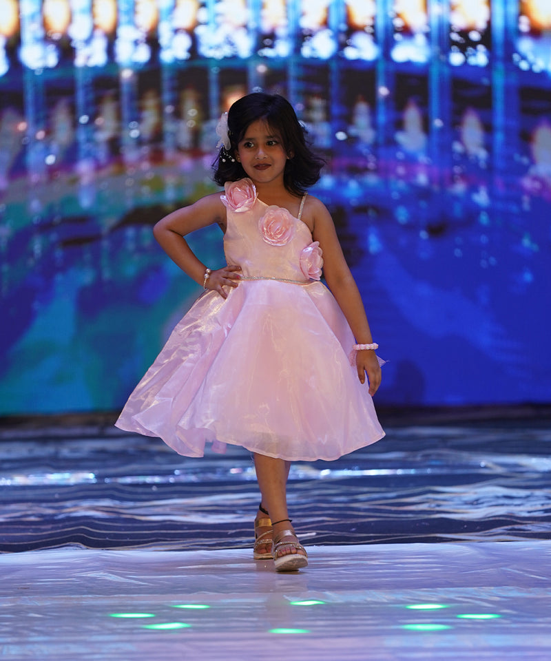 This is a beautiful baby pink coloured kids birthday frock that comes with a back zip closure. It features cute floral detailing on the dress that adds grace to the look.