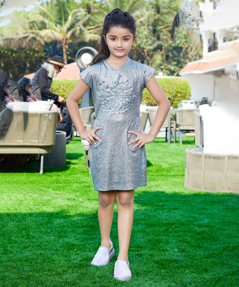 It is a grey Colored party dress for baby girls that comes with a matching Inner and is the best children's birthday dress. It features a big floral applique work in the middle of the dress.
