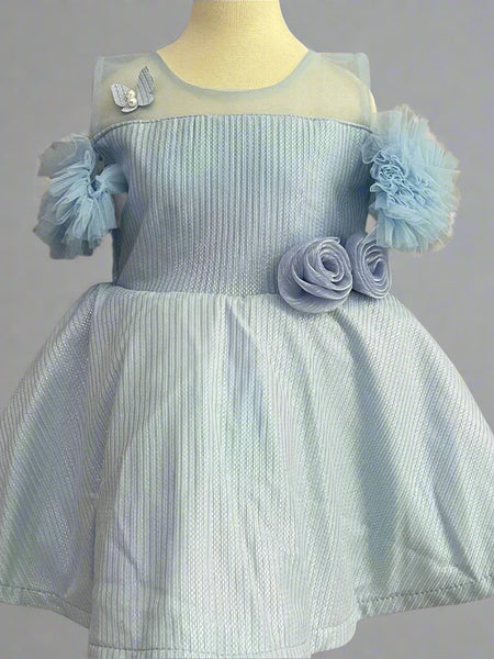 closeup view of sky blue shiny frock for baby girl