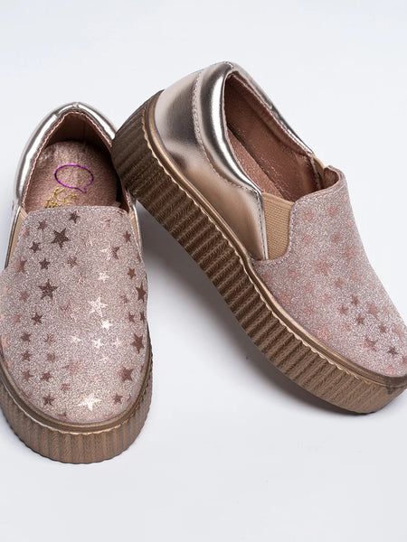 Rose gold girls' slip-on sneakers with star print, Jaipur, ages 1–8 years