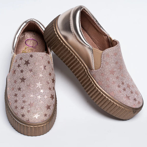Rose gold girls' slip-on sneakers with star print, Jaipur, ages 1–8 years