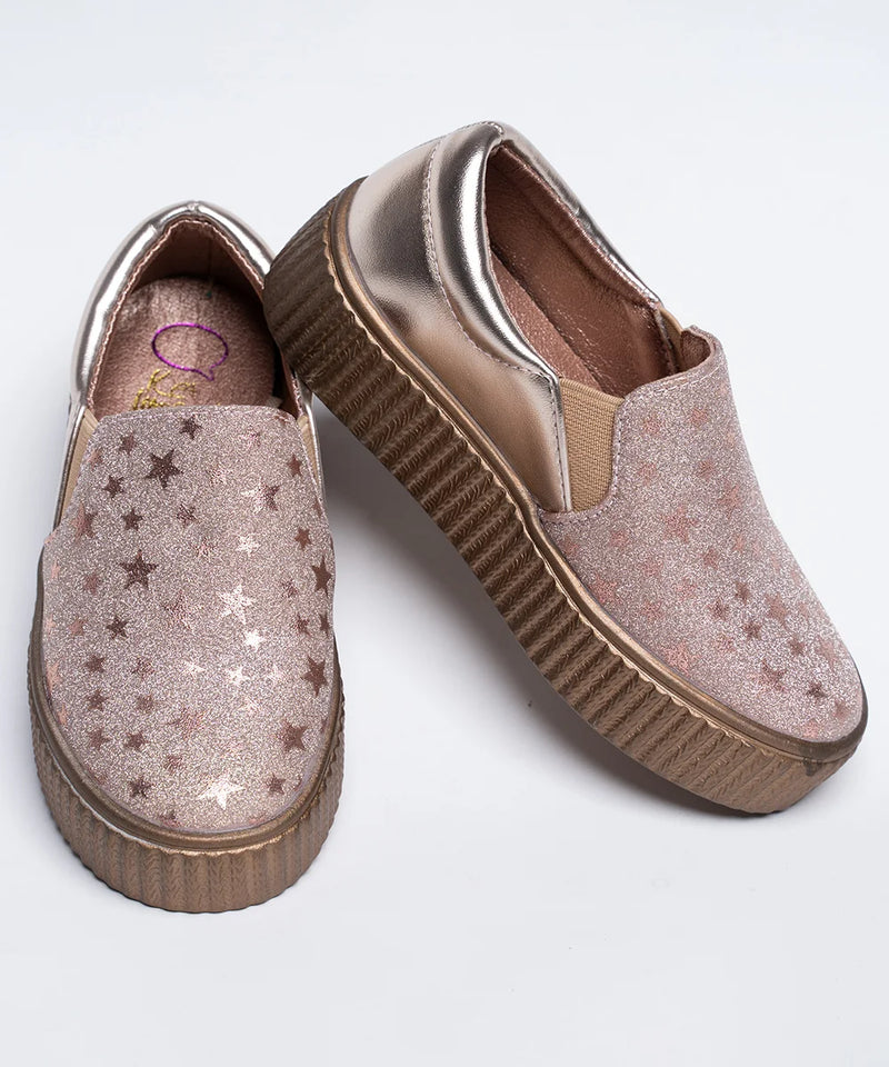 Rose gold girls' slip-on sneakers with star print, Jaipur, ages 1–8 years