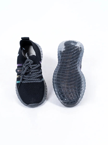 Kids' trendy black sports shoes for boys featuring mesh upper and colorful side stripes, Jaipur