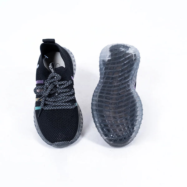 Kids' trendy black sports shoes for boys featuring mesh upper and colorful side stripes, Jaipur