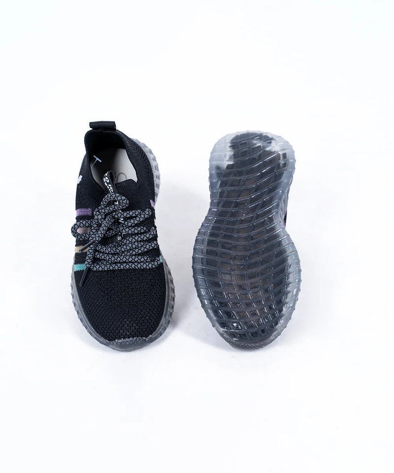 Kids' trendy black sports shoes for boys featuring mesh upper and colorful side stripes, Jaipur