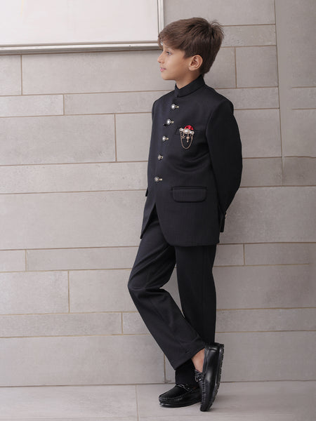 Kids black Jodhpuri coat with broach and mandarin collar, ethnic partywear Jaipur