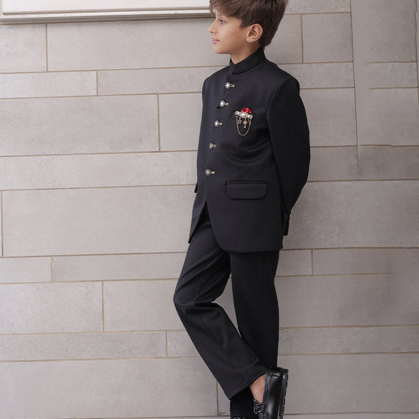 Kids black Jodhpuri coat with broach and mandarin collar, ethnic partywear Jaipur