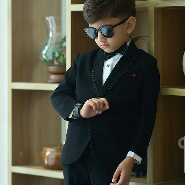 Boys formal black coat pant with matching bow, tuxedo style, Jaipur shop