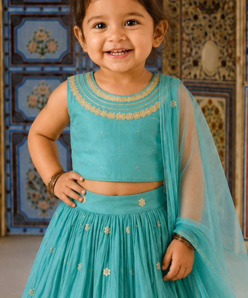 Devils N Angels Girls Sea Green Embroidered Lehenga Choli Set Wedding Wear 6-9 Months Jaipur
