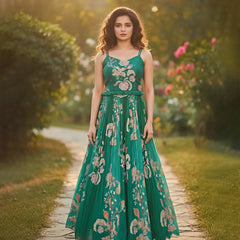 Woman in a green floral dress standing on a path with blurred background