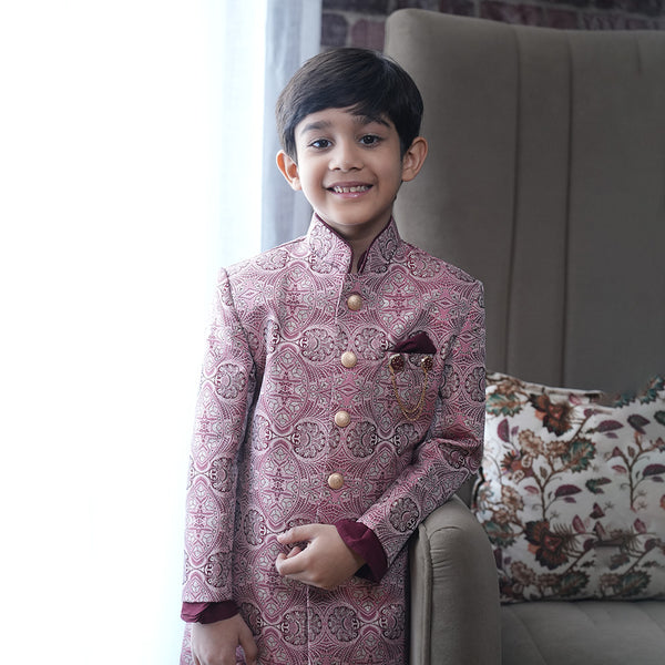 Premium sherwani set for boys, zardosi embroidery, maroon, Jaipur kids shop


