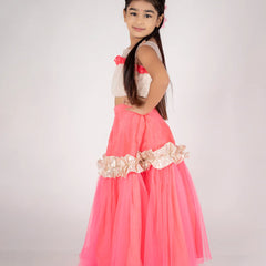 Stylish party wear lehenga choli for girls, neon pink net with ruffled lace, Jaipur