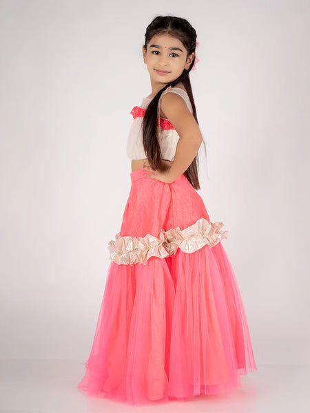 Stylish party wear lehenga choli for girls, neon pink net with ruffled lace, Jaipur