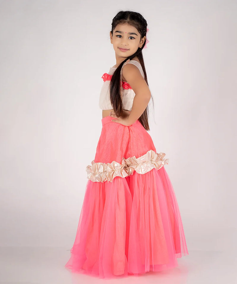 Stylish party wear lehenga choli for girls, neon pink net with ruffled lace, Jaipur