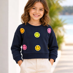 Girls' navy full sleeve smiley crop top, front view, by Devils N Angels Jaipur