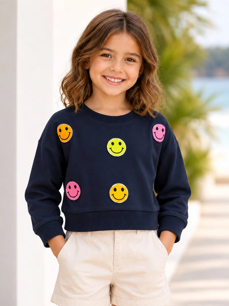 Girls' navy full sleeve smiley crop top, front view, by Devils N Angels Jaipur