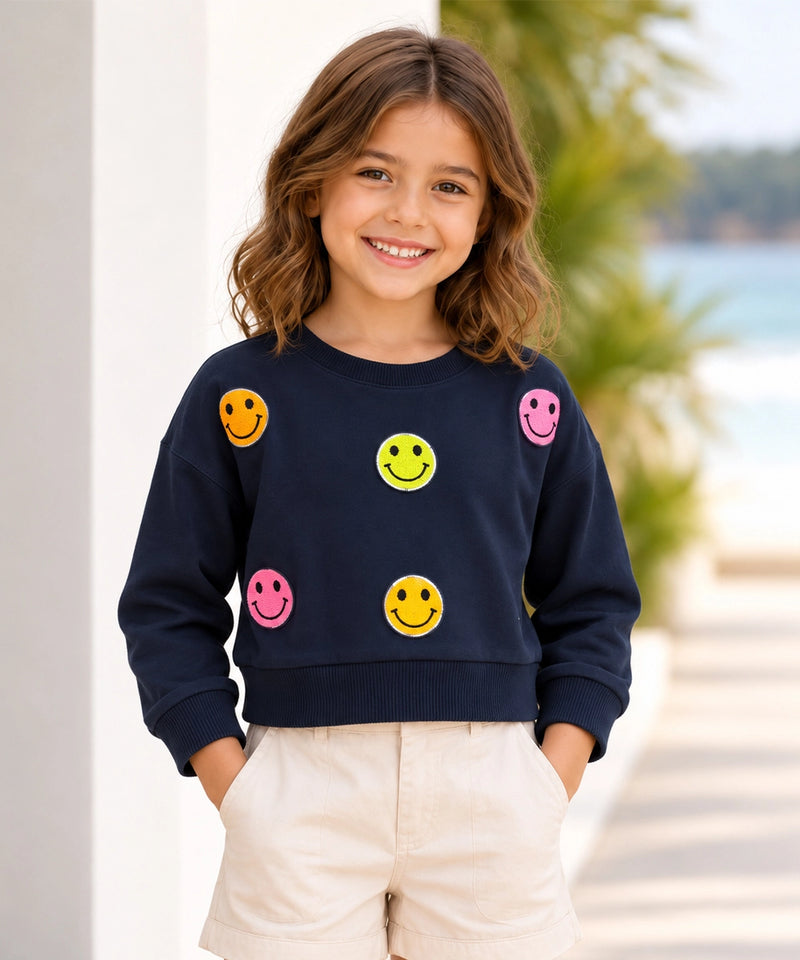 Girls' navy full sleeve smiley crop top, front view, by Devils N Angels Jaipur
