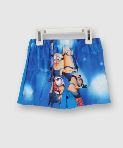  It's a blue Colored minion printed swim shorts for little boys.