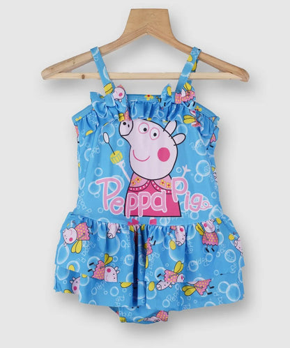 It's a cartoon-printed blue Colored swimsuit for girls. It features frill detailing and a cute bow on the dress.