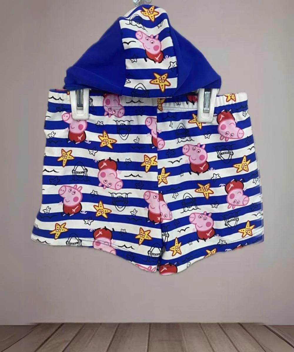 It's a blue and white Colored cartoon-printed shorts with a cap for boys perfect for summer pool party.